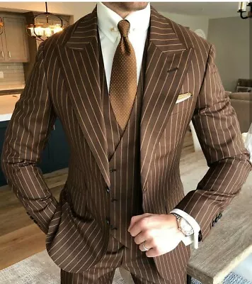 Men Vintage Suit Striped Wedding Formal Wear Tuxedo Bride Groom Regular Tailored • $146.11