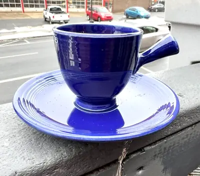 Vintage Cobalt Blue Fiesta Ware Ad Demitasse Demi Cup & Saucer Stick Handle • $42.24