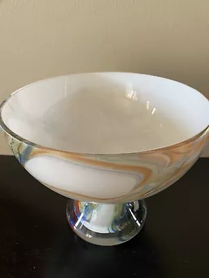 Makora Hand Made Blown Glass Blue Yellow Swirl Footed Bowl Made In Poland Krosno • $27