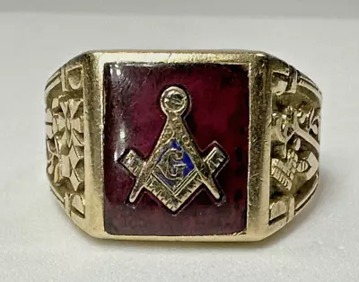 Vintage Masonic Freemason 10k Yellow Gold Ornate Red Ring Sz 10.75 9g • $549