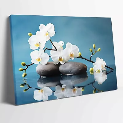 White Orchid Flowers Stones Zen Stretched Canvas Or Unframed Poster Wall Art • £12.99