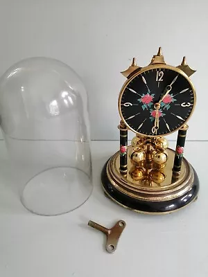 Vintage German Anniversary Clock Flower Face With Key Glass Dome Spares/ Repairs • £25