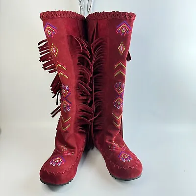 Women's Moccasins Knee High Boot Retro Tassels Shoes Embroidered Indian 7-Sz • $45.67