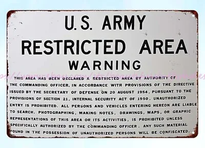 Government Military Warning US ARMY Restricted Area Metal Tin Sign Home Decor • $18.80