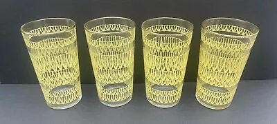 Vintage MCM Glasses Tumblers Drinking Glass Yellow Scallop Gold Rim Lot Of 4 • $24.95