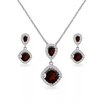 Garnet & White Topaz Dangle Earrings & Necklace Set In Sterling Silver • $56