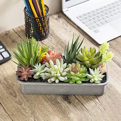 10 Inch Galvanized Metal Window Box Planter Tabletop Artificial Succulent Plant • £32.10