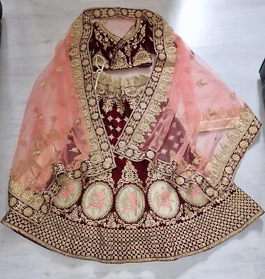 £105 • Buy Indian Bridal Lengha: Red, Peach/Pink & Gold