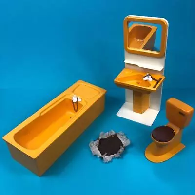 £29.99 • Buy Vintage Pedigree Sindy Orange Bathroom Suite Toilet Bath Sink House Furniture