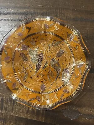 Vintage 8” Glass Orange Gold Mosaic Pheasant Ruffled Edge Dish / Bowl / Plate • $6.50