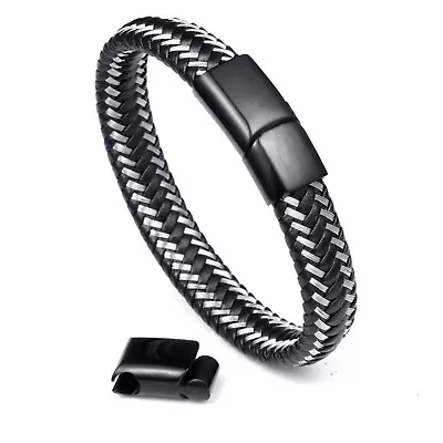 Men's Braided Genuine Leather Bracelet Titanium Magnetic Clasp Size Bangle • $12.99