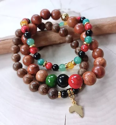 Pan African Bracelet Set Stacked Beaded Set Rastafarian Africa Diaspora 3-Pc • $31.99