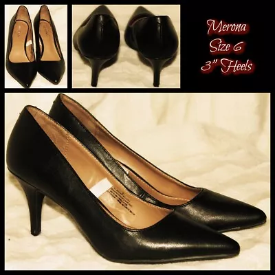 Merona High Heels Womens Size 6M Classic Black Faux Leather  3  Pump Shoes • $12.50