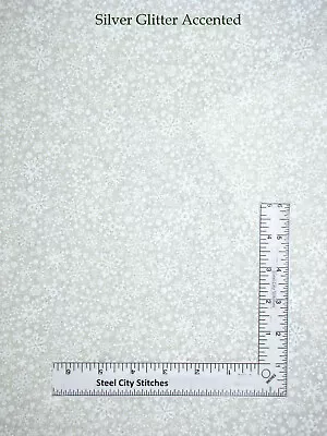 Christmas White Snowflakes Silver Glitter Cotton Fabric Snow Flakes By The Yard • $10.98