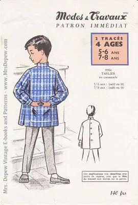 Vintage Sewing Pattern 1960s Boy's Apron Smock Shirt French Modes 9904 5-8 • $10