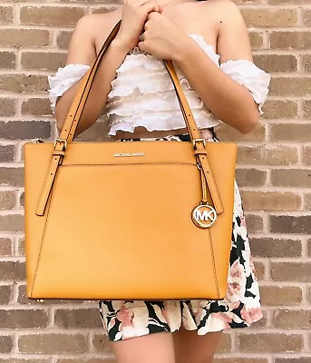 Michael Kors Voyager Large Front Pocket Tote Bag Pebbled Leather Marigold Yellow • $118