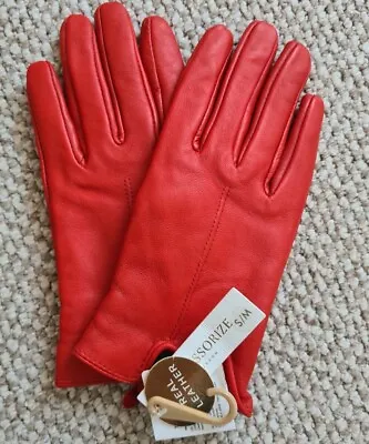 Accessorize Ladies Size S/M Red Genuine Leather Fleece Lined Wrist Gloves BNWT • £8