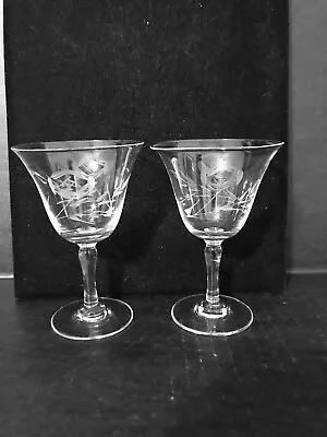 $4.99 • Buy Vintage Pair Of Etched Crystal Sherry Glasses With Floral & Leaf Pattern 4-3/8  