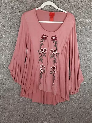 V Cristina Top Womens XL Pink Floral Embroidered 3/4 Bell Sleeve Boho Knit Soft • $15.99