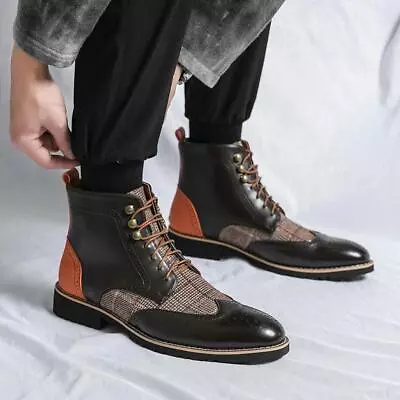 Mens Ankle Boots Lace Up Pieced Low Block Heel Pointed Toe Wing Tip Casual Shoes • $53.88