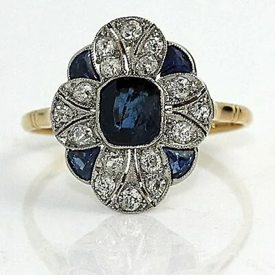 Sapphire & Diamond Simulated Vintage Art Deco Engagement Ring 14K Yellow Gold FN • $137.55