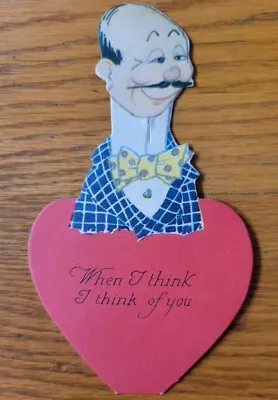 Die-Cut Vintage Valentine Card-Smiling Man With Moustache-When I Think Of You • $3.50