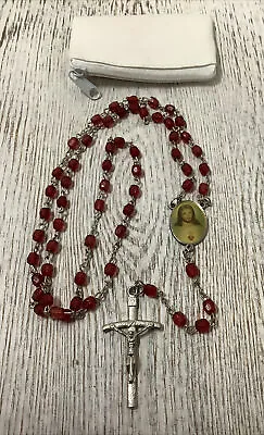 Vintage? Rosary-RED BEAD &  WHITE POUCH-SILVER COLOR CROSS • $6
