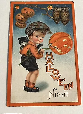 Vintage Antique Halloween Postcard Young Boy  W/  Cat And Owl • $70