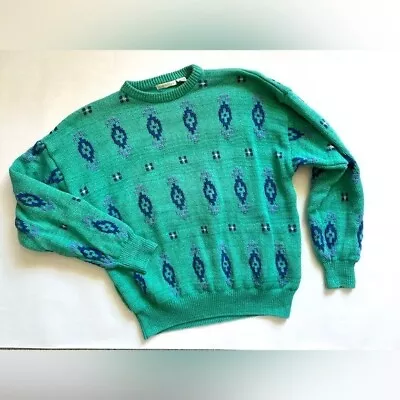 Vintage Claiborne Tribal Print Sweater Blue And Green Knit Size XL • $39