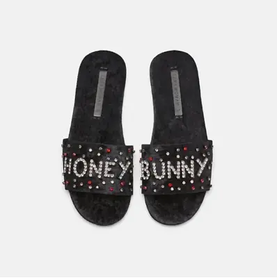 NWT Zara Size US 6 / Euro 36 Black Embellished Velvet Slides 5603/301 • $29