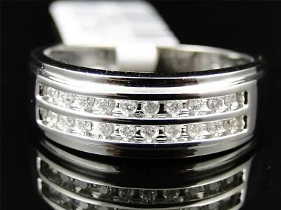 Mens 14K White Gold Plated Round  Lab Created Diamond 2 Row Wedding Band Ring • $128.24