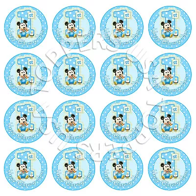 16x EDIBLE Baby Mickey Mouse 1st Birthday Cupcake Toppers Wafer 4cm (uncut) • $5.99