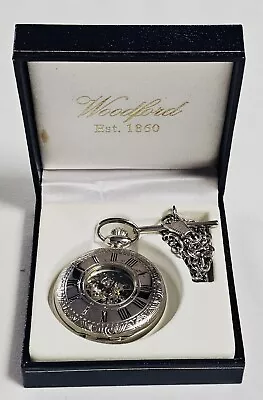 Woodford Half Hunter Skeleton Pocket Watch Silver Chrome Plated With Chain • £59