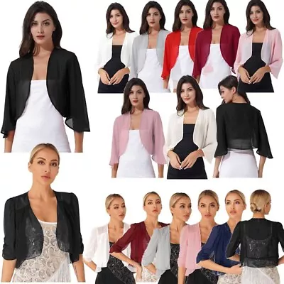 US Women's Chiffon Shrugs 3/4 Sleeve Open Front Bolero Cardigan Mesh Sheer Shawl • $9.37