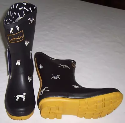 NWT Joules Black Corgi/Dalmatian DOGS Molly Wellies Rain Boots DOGS Women's 7 • $49.99