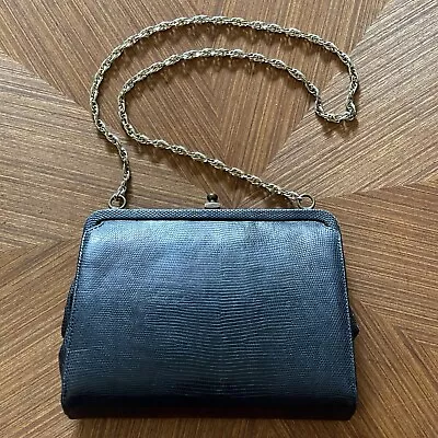 Vintage 1960s Harrods Black Leather Bag With Chain Shoulder Strap  • $25
