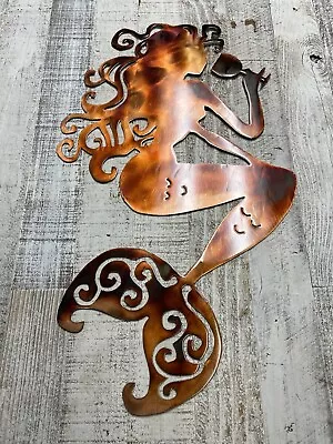 Sitting Mermaid Sipping Wine - Metal Wall Art - Copper 24  Tall Right Facing • $66.99