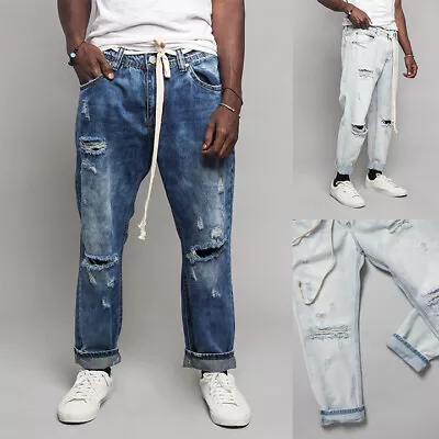 Victorious Men's Casual Drawstring Cropped Distressed Ripped Jeans DL1238 • $32.95