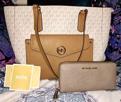 Michael Kors MK Large Tan And Beige Handbag And Wallet  • $56