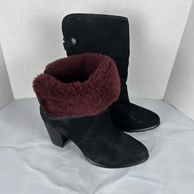 UGG Black/Cabernet Layna Genuine Leather Shearling Cuff Leather BOOTS Size 8.5 • $30