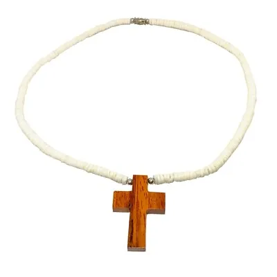 Hand Carved Wood Cross With Heishi Smooth Puka Shell Necklace From Maui Hawaii • $14.95