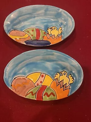 La Musa Italian Art Pottery Easter Eggs & Chick Basket Oval Bowls-Set Of 2 • $45