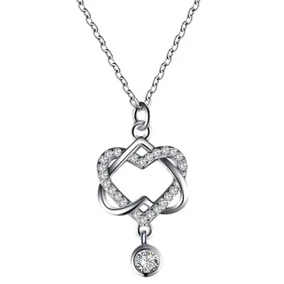 Women Silver Double Heart Zircon Crystal Pendant Chain Necklace Jewelry Gift NEW • $0.99