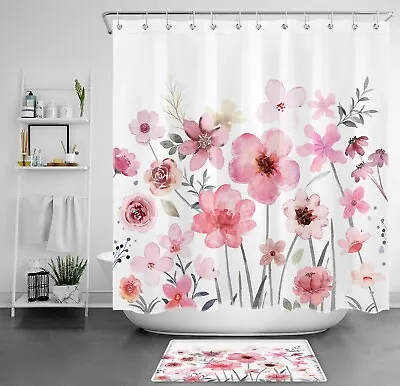  Watercolor Beautiful Pink Flower Plant Shower Curtain Bathroom Accessories Set • $9.99