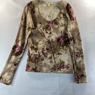 MAINBOCHER Womens 100% Cashmere Tan Pullover Sweater Purple Floral Medium • $33