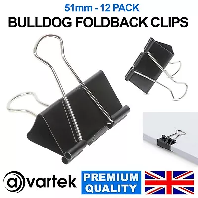 £4.45 • Buy 12 X Large 51mm Black Steel Foldback Office Clips Paper Document Bulldog Metal
