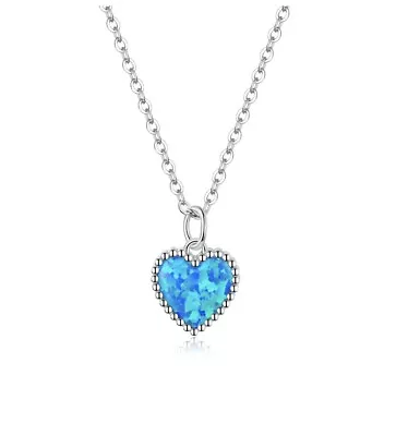 Sterling 925 Silver Necklace Opal Blue Heart Pendant • £21.99