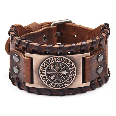 Men's Norse Viking Vegvisir Rune Leather Cuff Wristband Bracelet Amulet Jewelry • $7.49