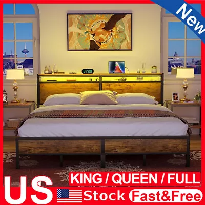 Full/Queen/KING Bed Frame W/ LED Lights Headboard Metal Platform Bed & Outlets • $149.99
