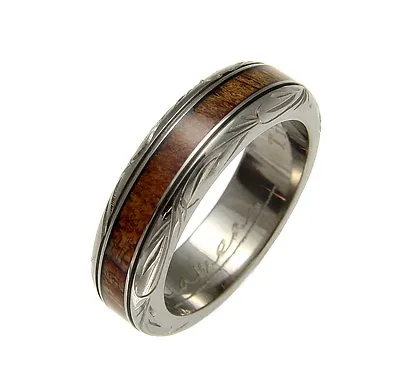 Genuine Inlay Hawaiian Koa Wood Wedding Band Ring Titanium Scroll 6mm Size 4-14 • $59.99